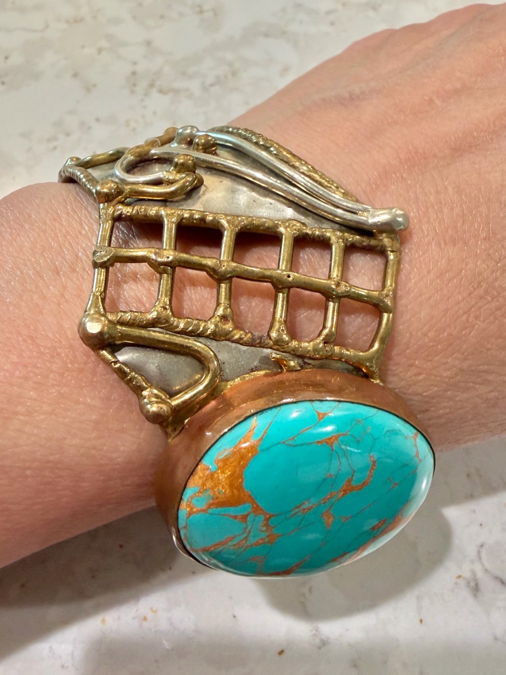 Vintage Mixed Metal Brutalist Turquoise Cuff Bracelet Statement Grid Lattice